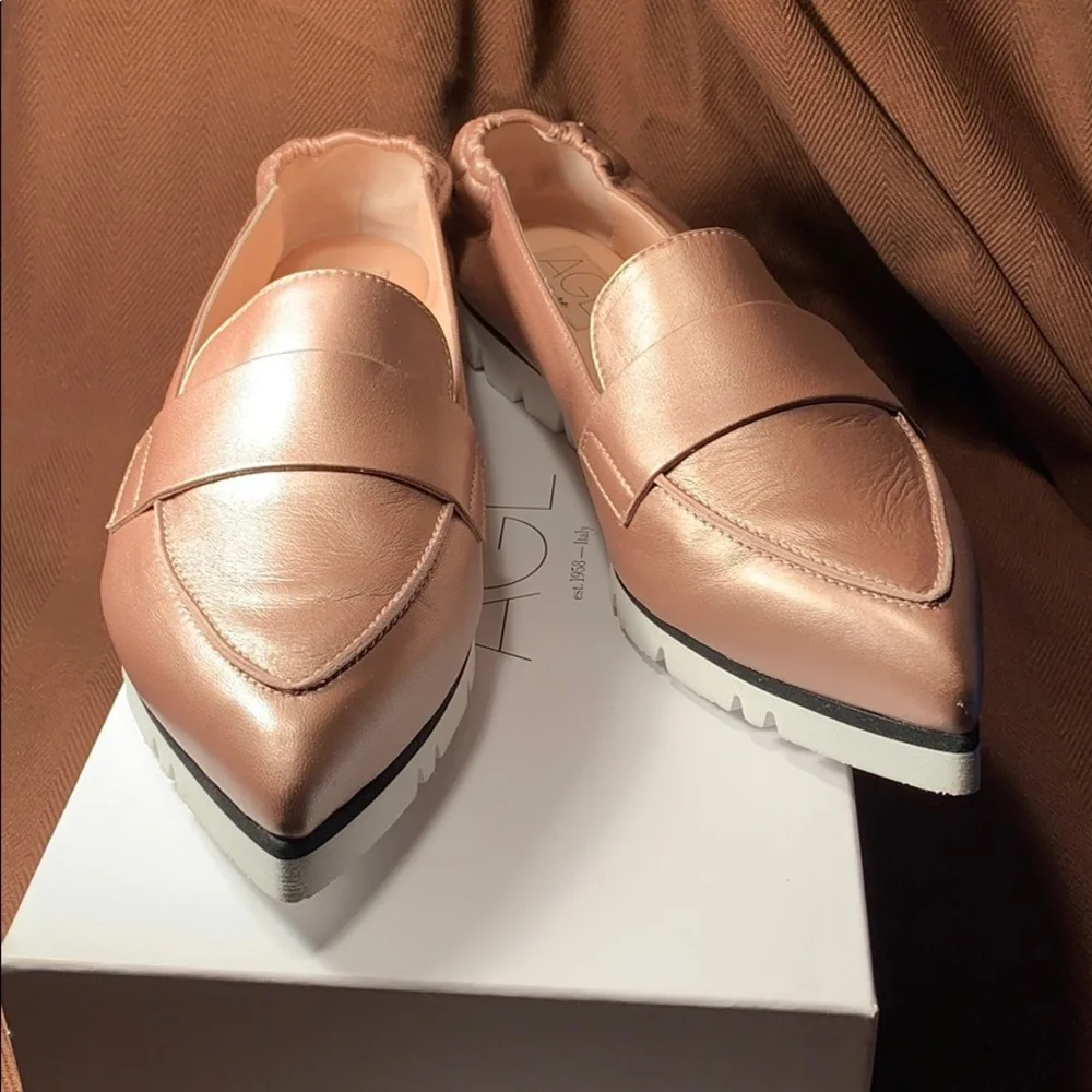 NWT AGL Made in Italy leather slip ons copper gold